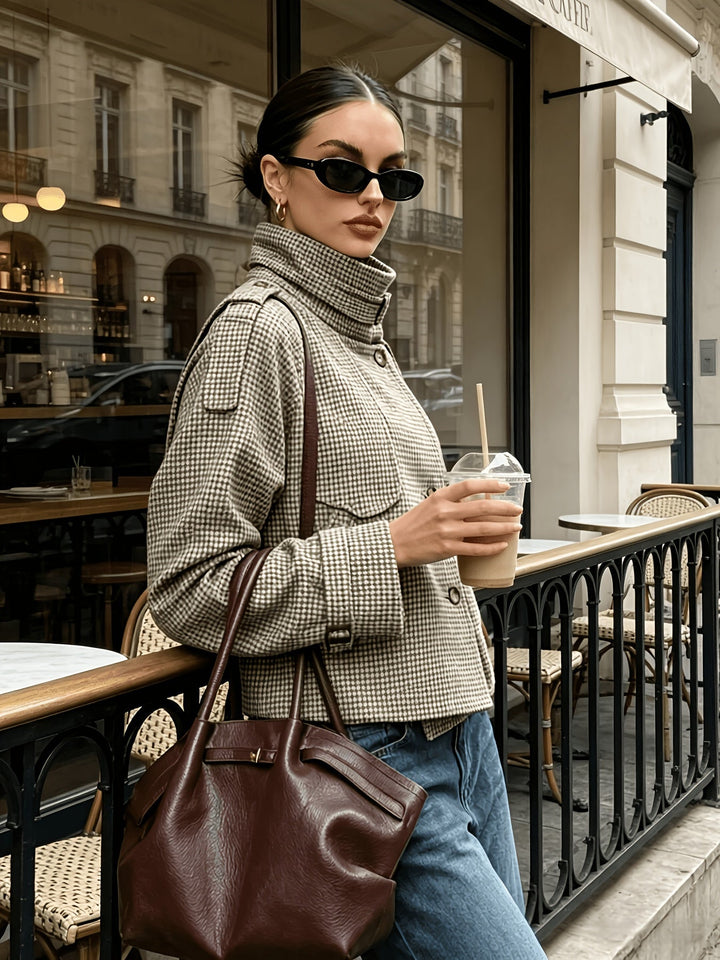 Beatrice - Women’s Cropped Houndstooth Jacket with Stand Collar