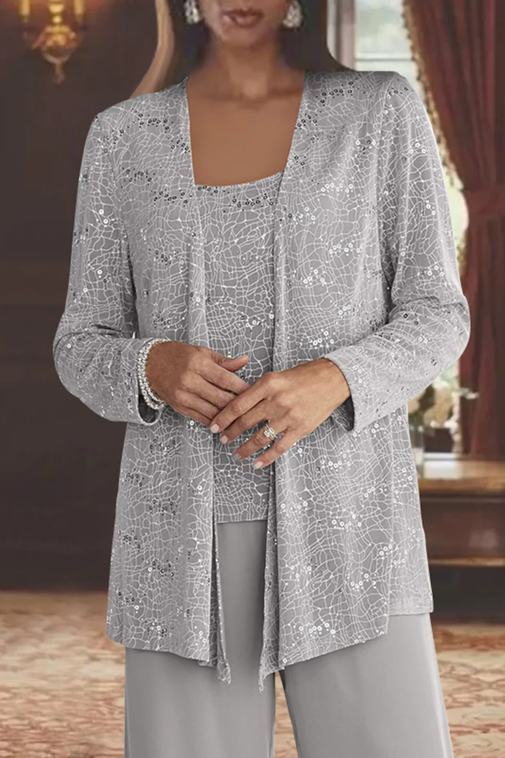 Maeve - Women’s Three-Piece Sequin Lace Jacket & Wide-Leg Trouser Set