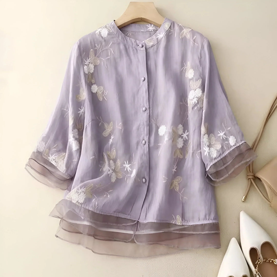 Arisa – Embroidered Sheer Button Blouse