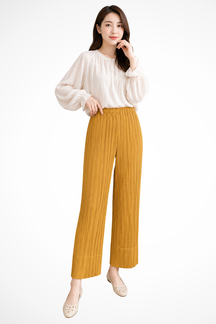 Saar - Women Pleated Cropped Wide Leg Trousers with Elasticated Waist