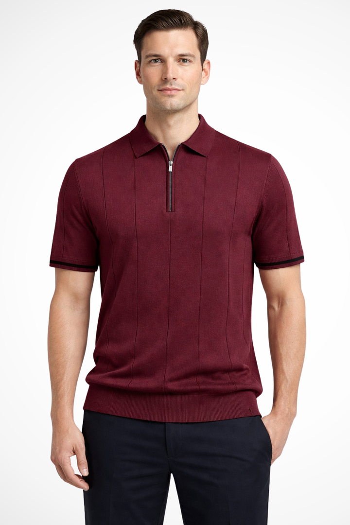 Michael - Men Ribbed Knit Quarter Zip Short Sleeve Muscle Fit Polo Shirt