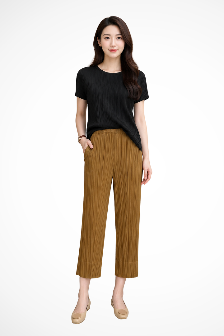 Saar - Women Pleated Cropped Wide Leg Trousers with Elasticated Waist