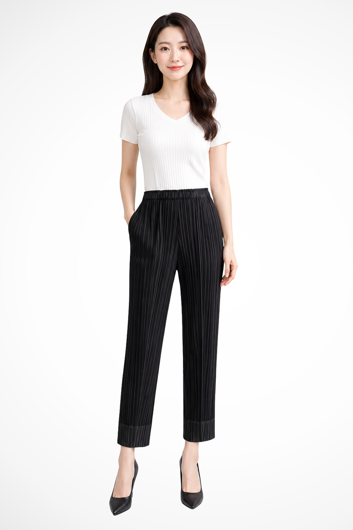 Saar - Women Pleated Cropped Wide Leg Trousers with Elasticated Waist