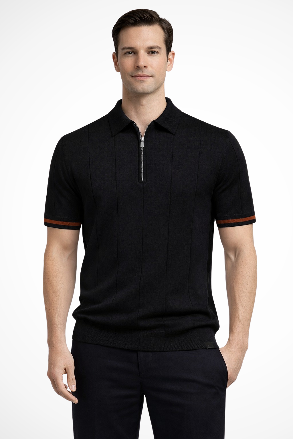 Michael - Men Ribbed Knit Quarter Zip Short Sleeve Muscle Fit Polo Shirt