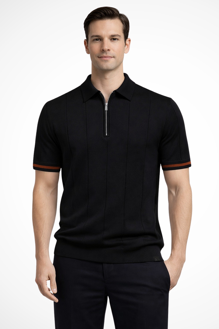 Michael - Men Ribbed Knit Quarter Zip Short Sleeve Muscle Fit Polo Shirt