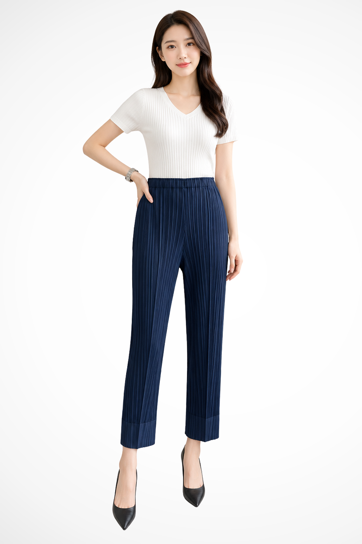 Saar - Women Pleated Cropped Wide Leg Trousers with Elasticated Waist