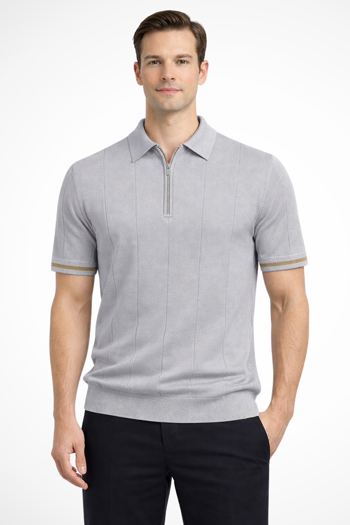 Michael - Men Ribbed Knit Quarter Zip Short Sleeve Muscle Fit Polo Shirt