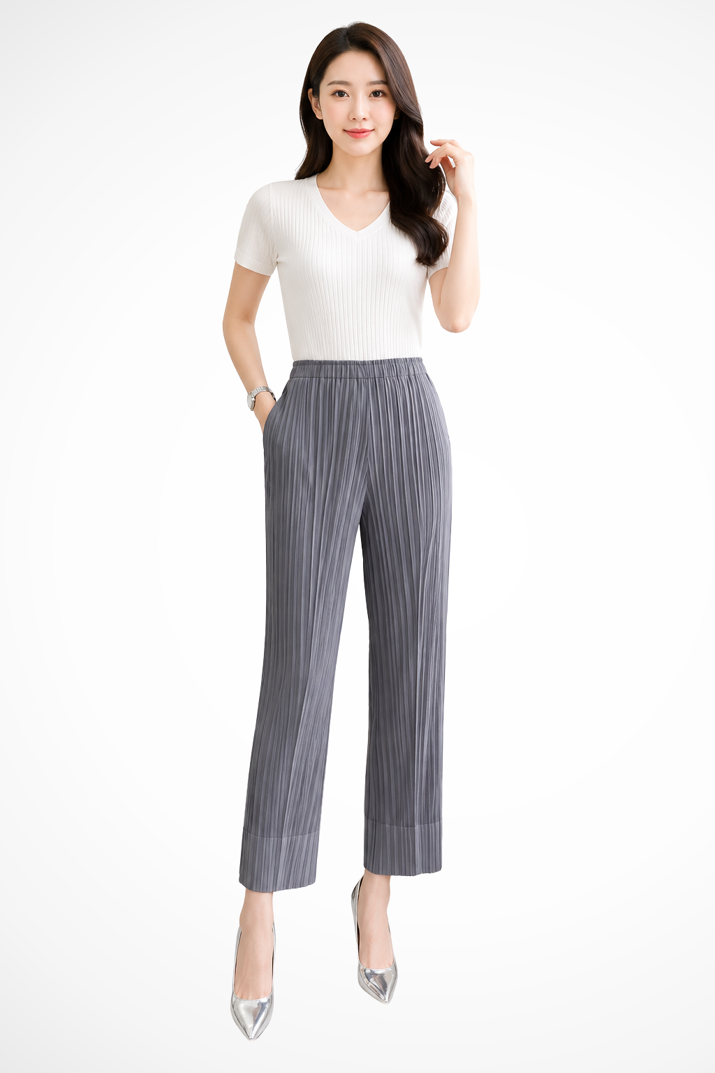 Saar - Women Pleated Cropped Wide Leg Trousers with Elasticated Waist