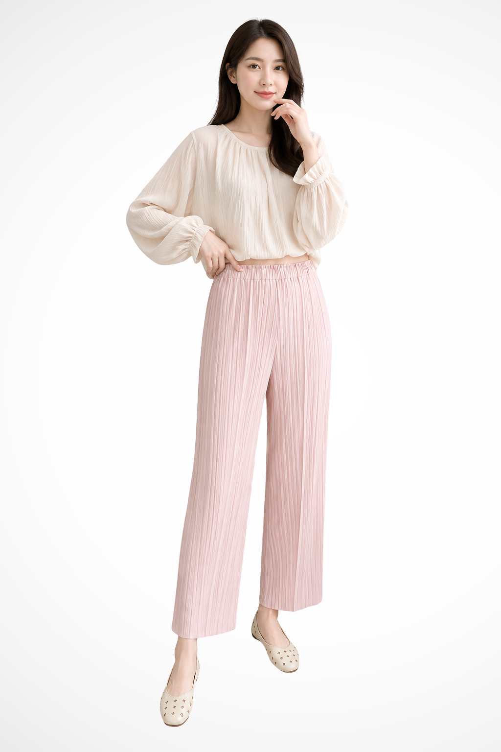 Saar - Women Pleated Cropped Wide Leg Trousers with Elasticated Waist