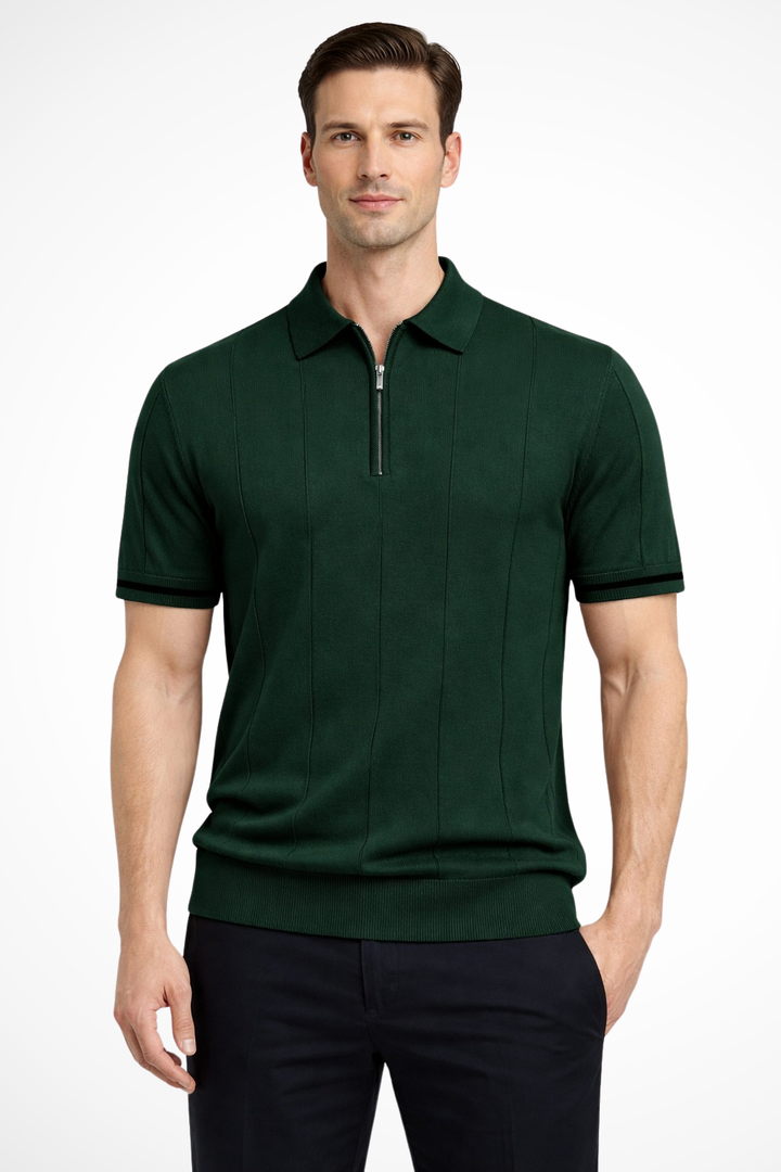 Michael - Men Ribbed Knit Quarter Zip Short Sleeve Muscle Fit Polo Shirt