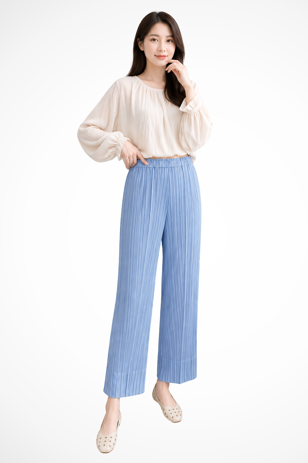 Saar - Women Pleated Cropped Wide Leg Trousers with Elasticated Waist