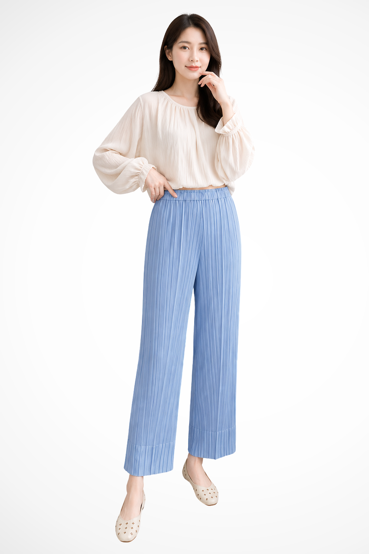 Saar - Women Pleated Cropped Wide Leg Trousers with Elasticated Waist