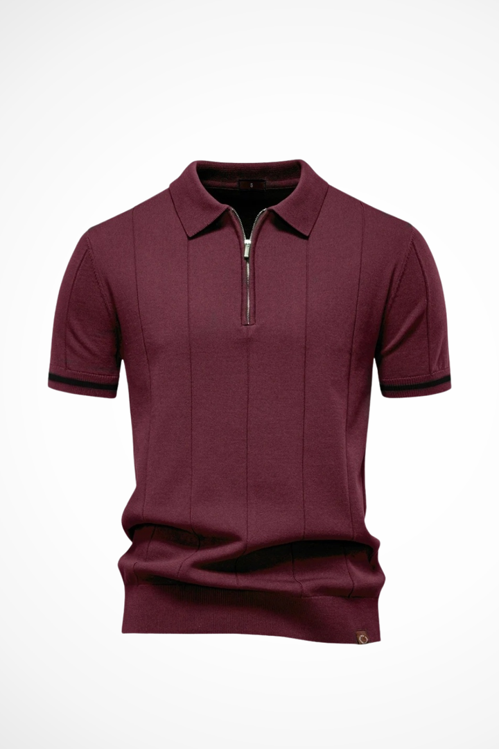 Michael - Men Ribbed Knit Quarter Zip Short Sleeve Muscle Fit Polo Shirt