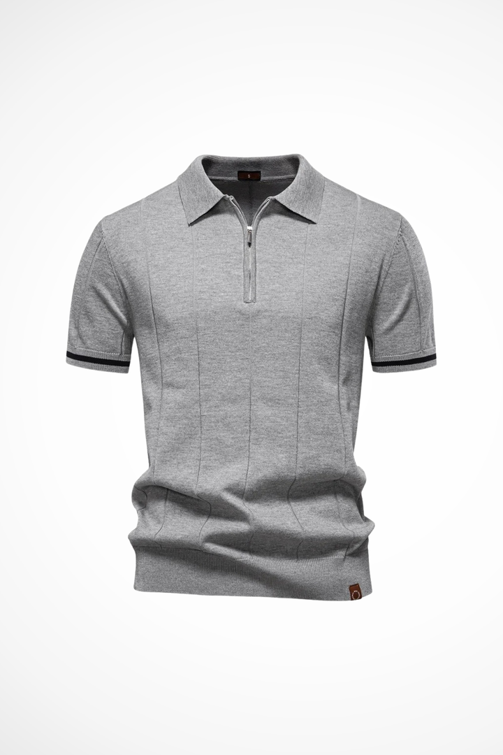 Michael - Men Ribbed Knit Quarter Zip Short Sleeve Muscle Fit Polo Shirt