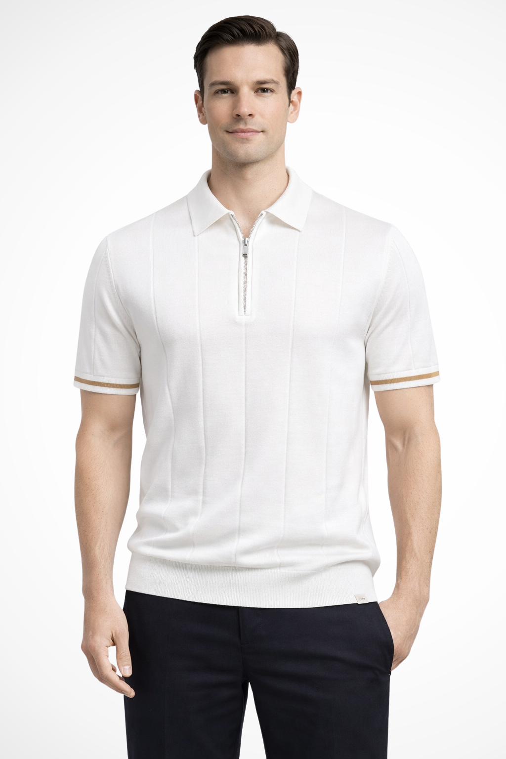 Michael - Men Ribbed Knit Quarter Zip Short Sleeve Muscle Fit Polo Shirt