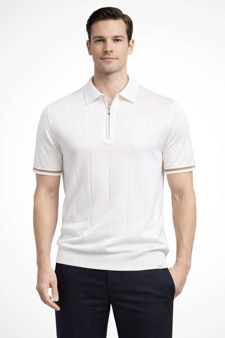 Michael - Men Ribbed Knit Quarter Zip Short Sleeve Muscle Fit Polo Shirt