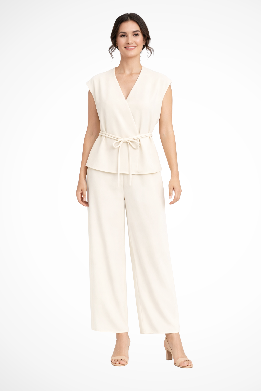 Isadora | Women Sleeveless Belted Wrap Top and Wide Leg Linen Trousers Suit Set