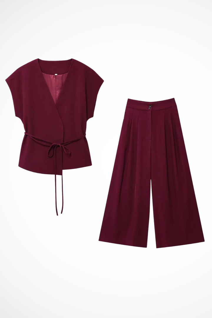 Isadora | Women Sleeveless Belted Wrap Top and Wide Leg Linen Trousers Suit Set