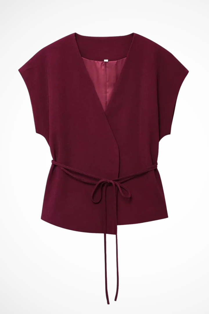 Isadora | Women Sleeveless Belted Wrap Top and Wide Leg Linen Trousers Suit Set