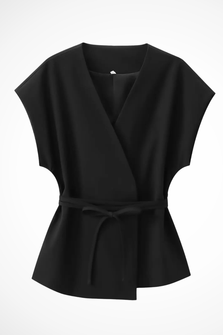 Isadora | Women Sleeveless Belted Wrap Top and Wide Leg Linen Trousers Suit Set