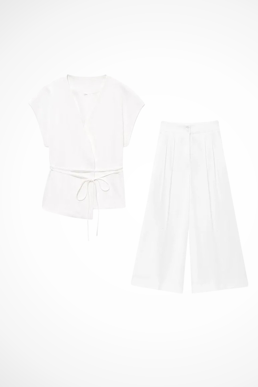 Isadora | Women Sleeveless Belted Wrap Top and Wide Leg Linen Trousers Suit Set