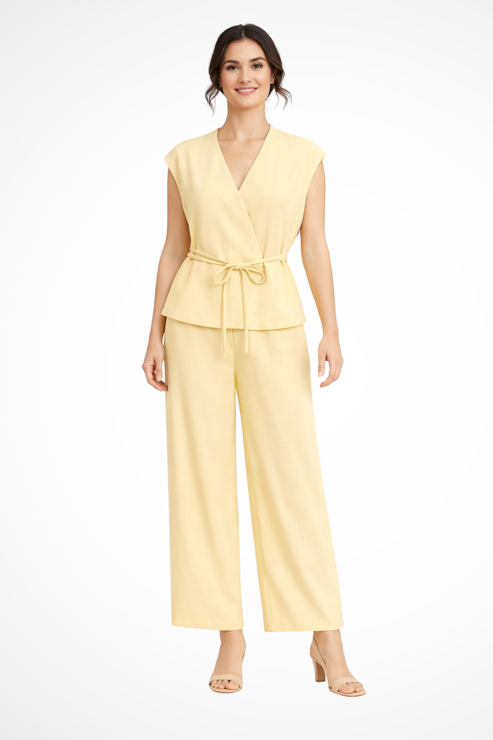 Isadora | Women Sleeveless Belted Wrap Top and Wide Leg Linen Trousers Suit Set