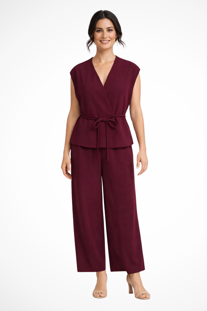 Isadora | Women Sleeveless Belted Wrap Top and Wide Leg Linen Trousers Suit Set
