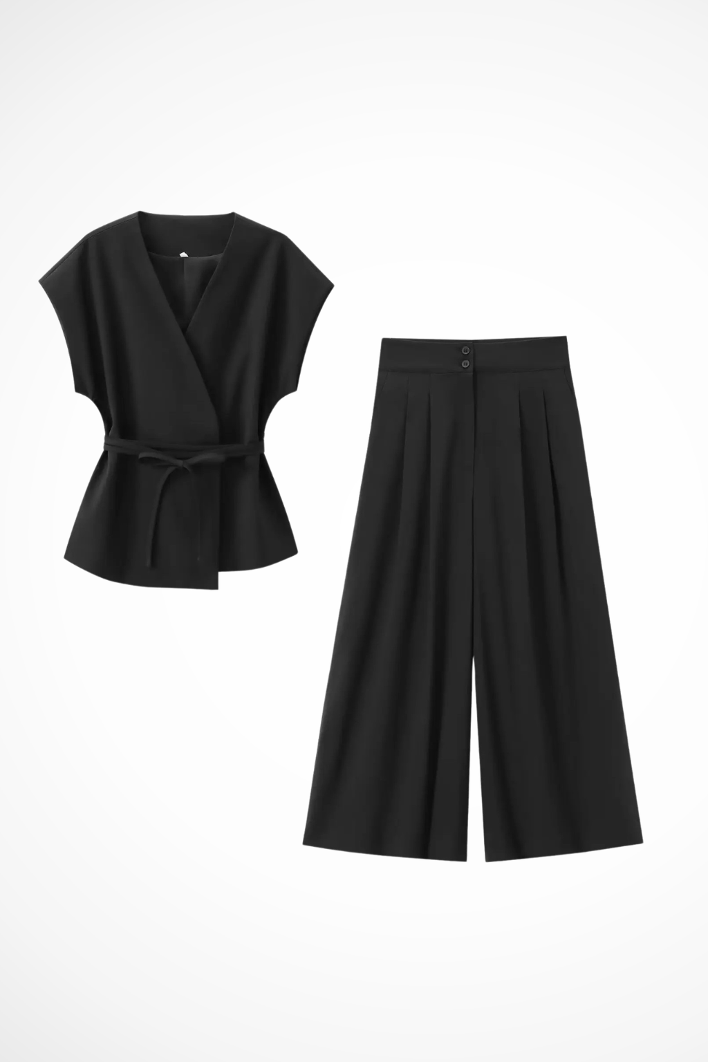 Isadora | Women Sleeveless Belted Wrap Top and Wide Leg Linen Trousers Suit Set