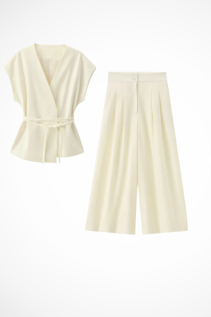 Isadora | Women Sleeveless Belted Wrap Top and Wide Leg Linen Trousers Suit Set