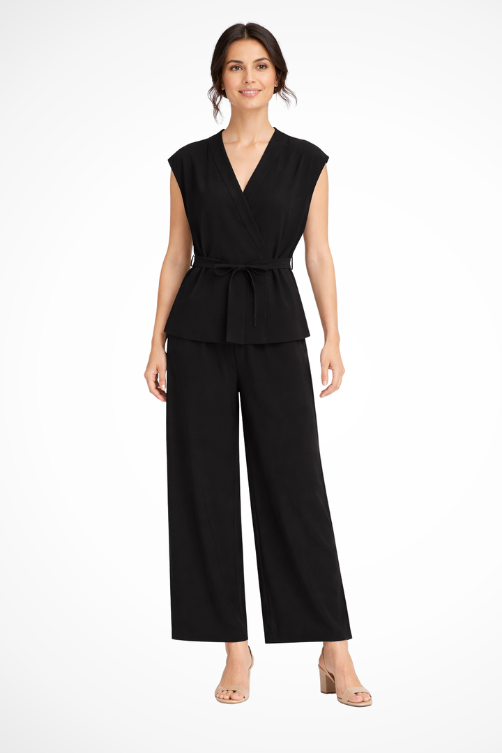 Isadora | Women Sleeveless Belted Wrap Top and Wide Leg Linen Trousers Suit Set
