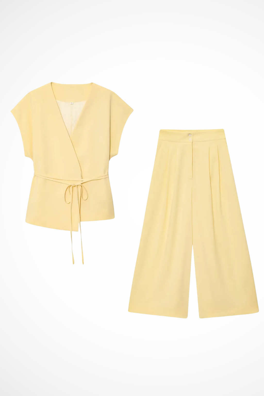 Isadora | Women Sleeveless Belted Wrap Top and Wide Leg Linen Trousers Suit Set