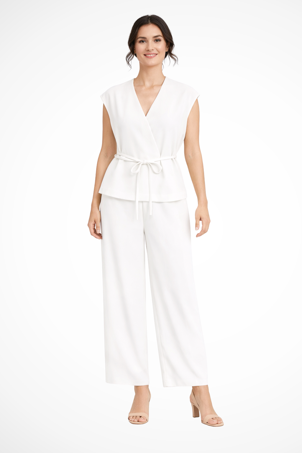 Isadora | Women Sleeveless Belted Wrap Top and Wide Leg Linen Trousers Suit Set