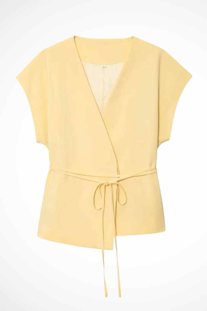 Isadora | Women Sleeveless Belted Wrap Top and Wide Leg Linen Trousers Suit Set
