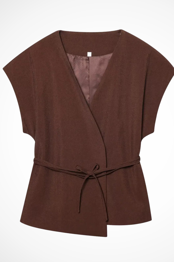 Isadora | Women Sleeveless Belted Wrap Top and Wide Leg Linen Trousers Suit Set