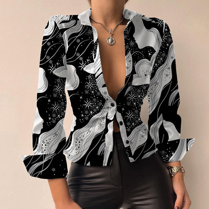 Leila | Printed V-neck PU Leather Blouse with Long Sleeves and Patchwork Design