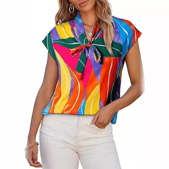 Sofia – Abstract Print Tie-Neck Blouse