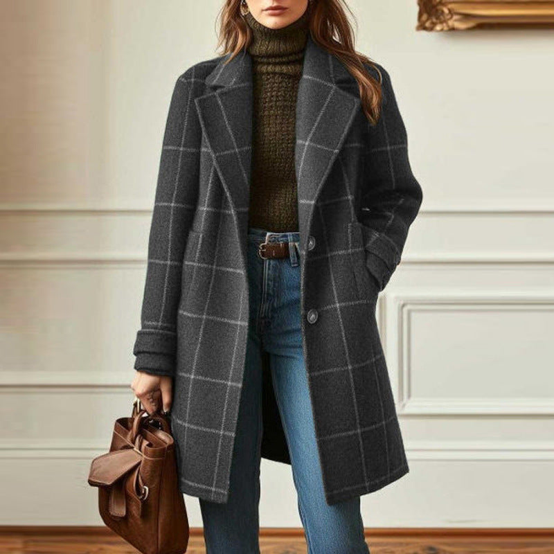 Women’s Checkered Mid-Length Trench Coat with Side Pockets
