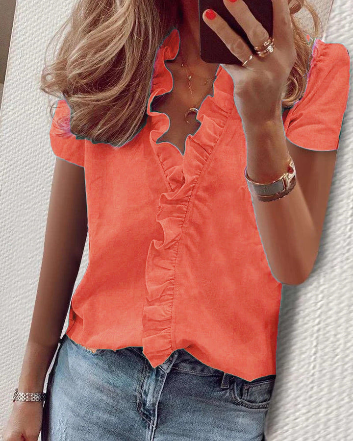 Eliza – Ruffled V-Neck Short Sleeve Blouse