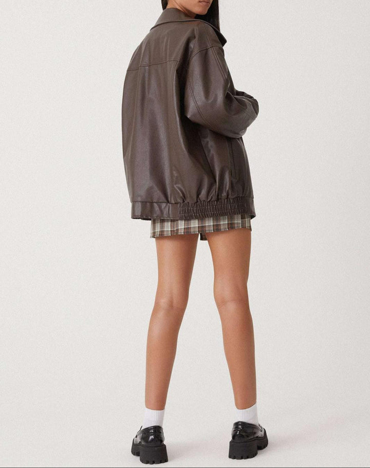 Jada - Women's Oversized Leather Zip Jacket With Collar