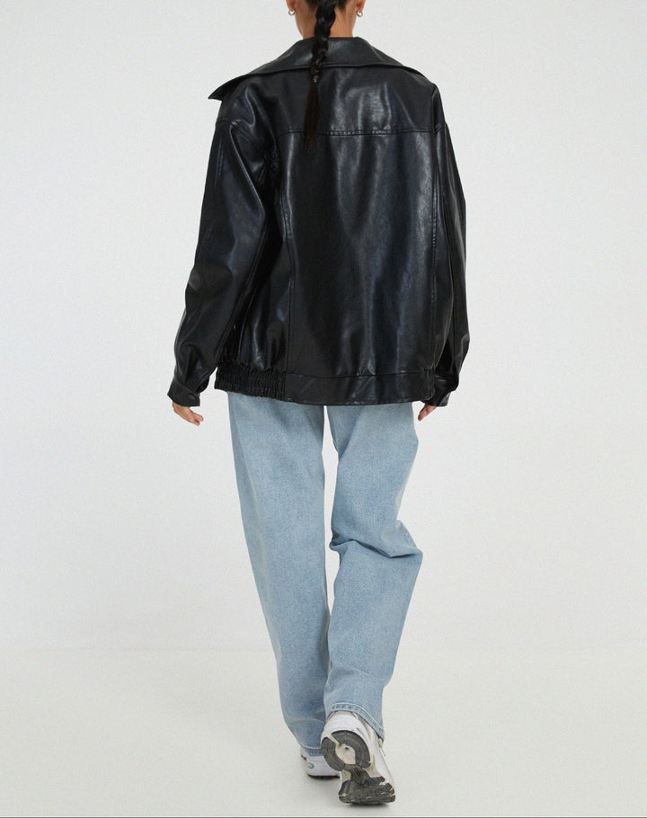 Jada - Women's Oversized Leather Zip Jacket With Collar