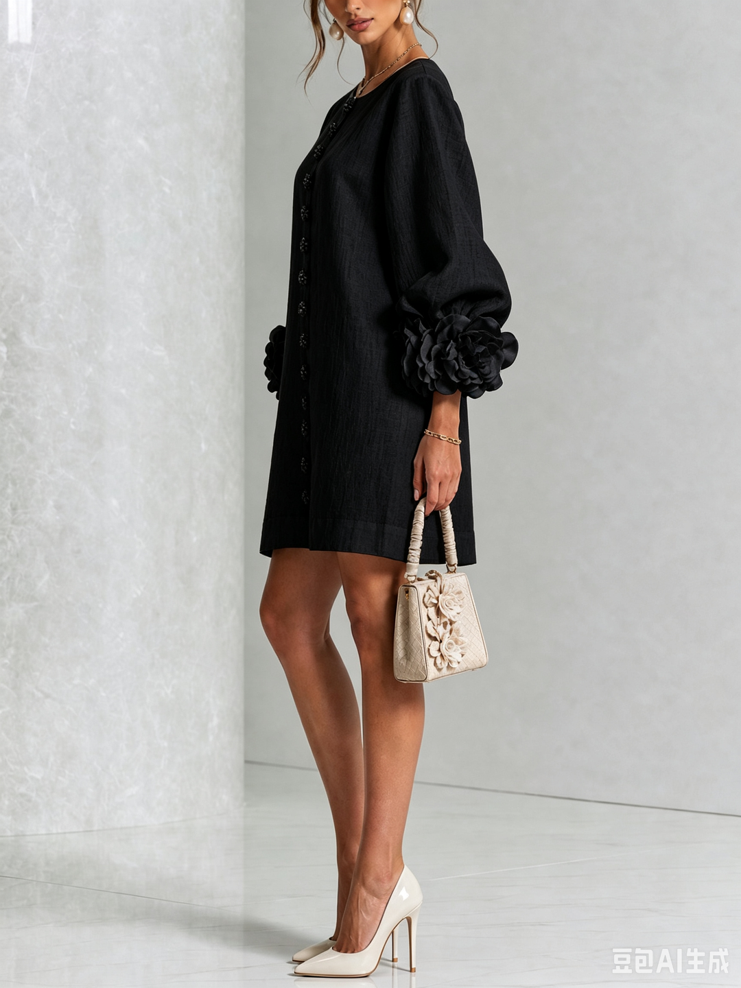 Rosalie - Women’s Mini Shift Dress with Rosette Cuffs