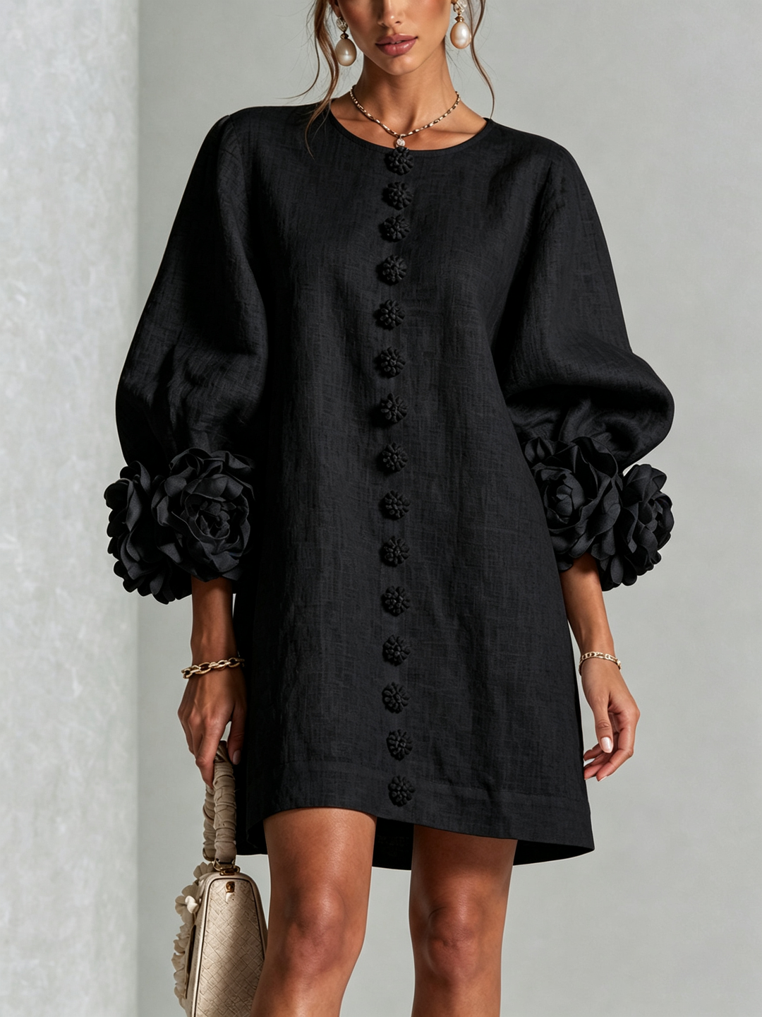 Rosalie - Women’s Mini Shift Dress with Rosette Cuffs