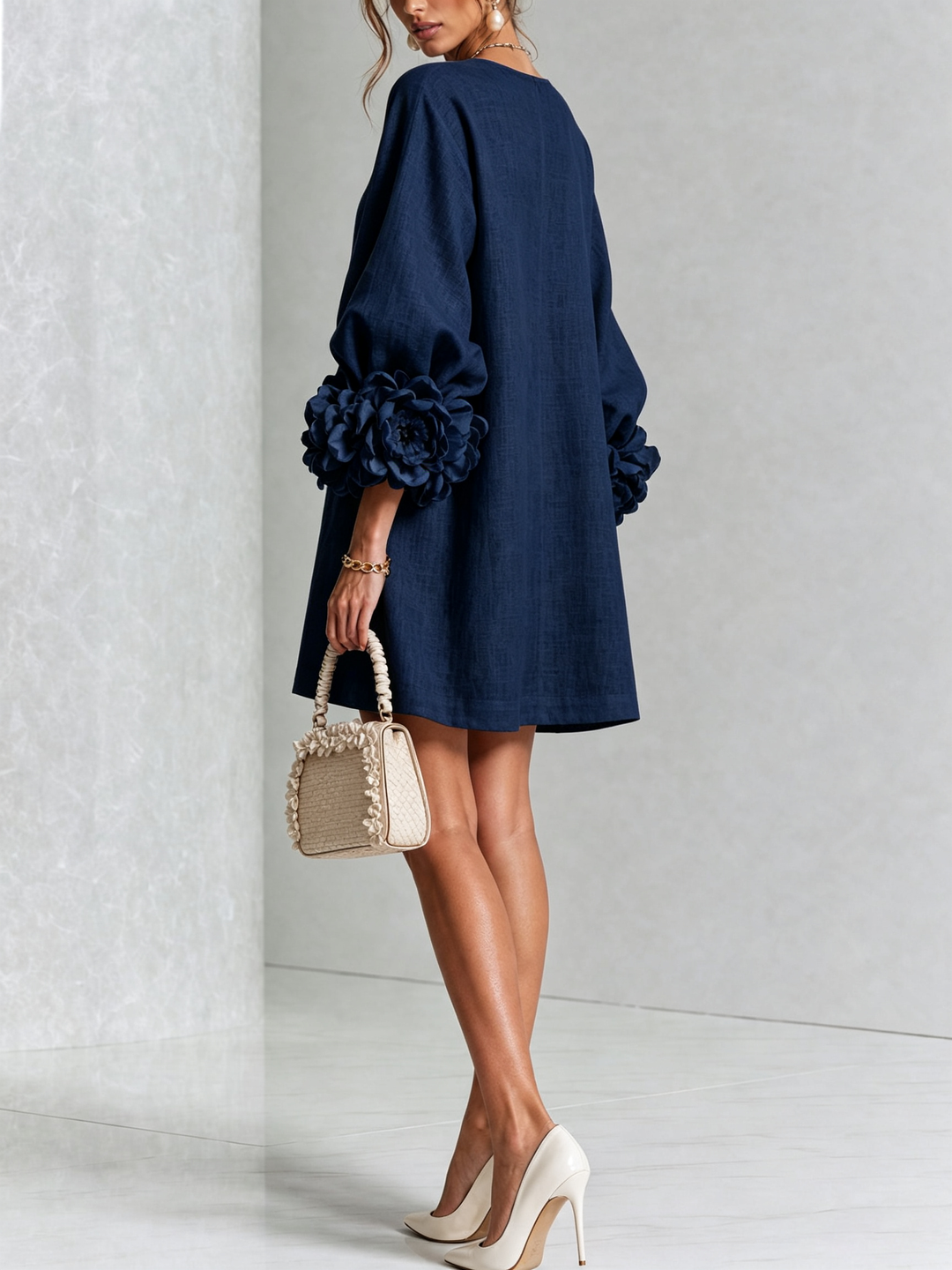 Rosalie - Women’s Mini Shift Dress with Rosette Cuffs