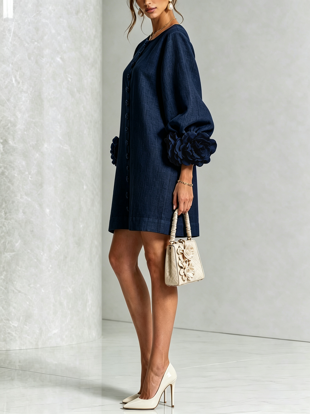 Rosalie - Women’s Mini Shift Dress with Rosette Cuffs