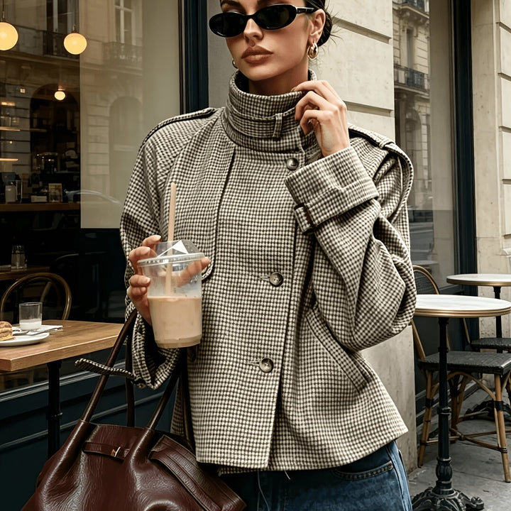 Beatrice - Women’s Cropped Houndstooth Jacket with Stand Collar