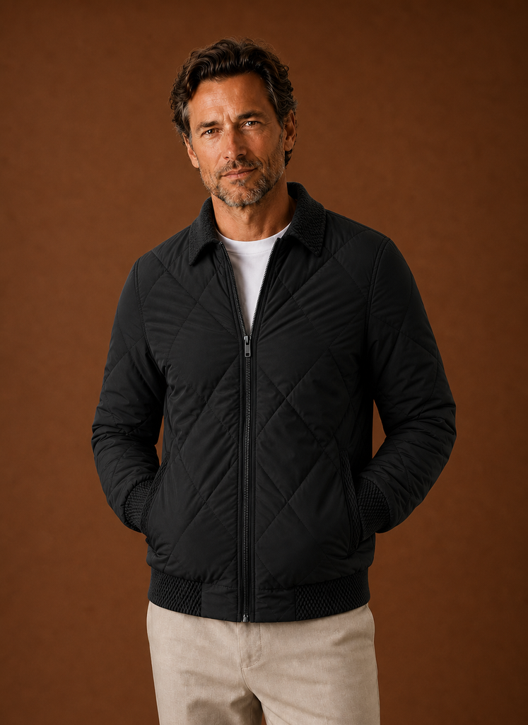 Men's Diamond-Quilted Bomber Jacket with Knit Collar