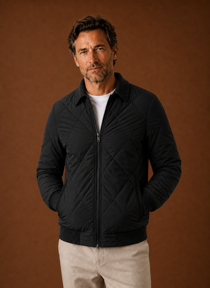 Men's Diamond-Quilted Bomber Jacket with Knit Collar