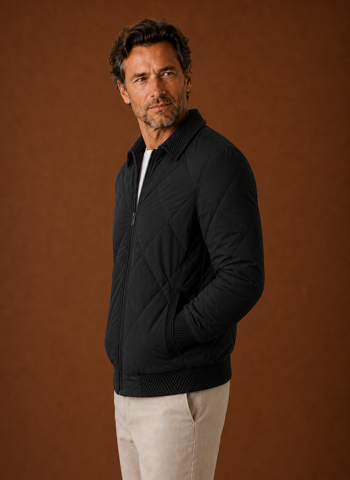 Men's Diamond-Quilted Bomber Jacket with Knit Collar