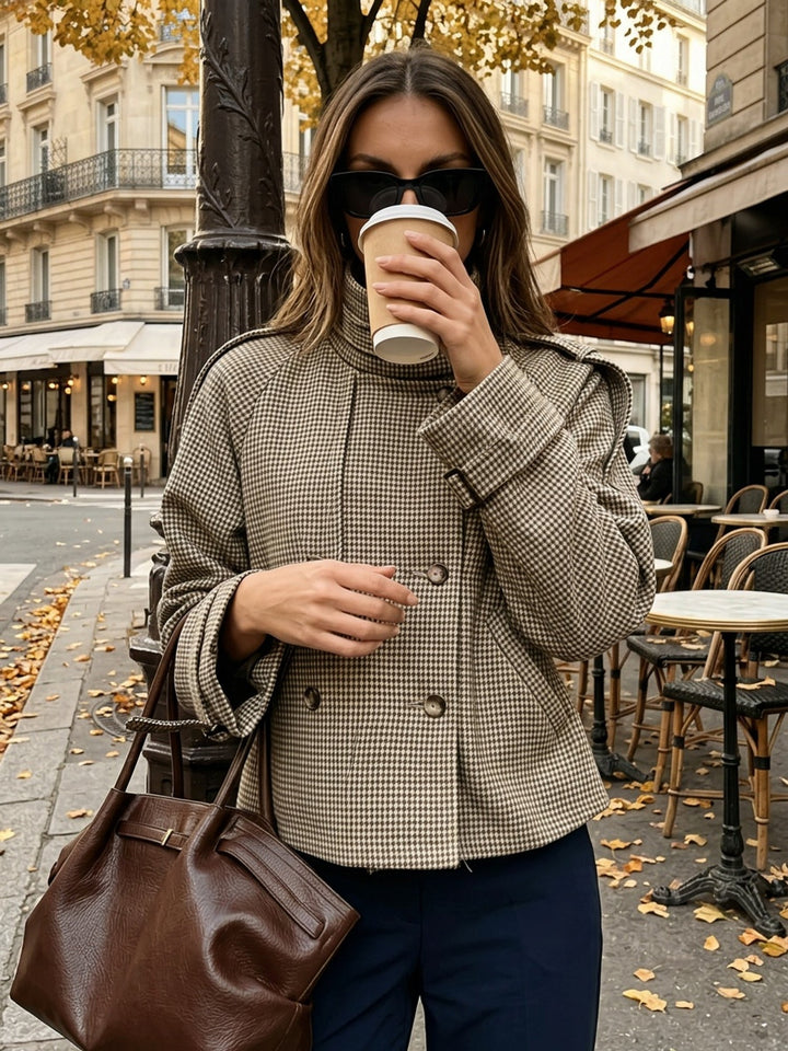 Beatrice - Women’s Cropped Houndstooth Jacket with Stand Collar
