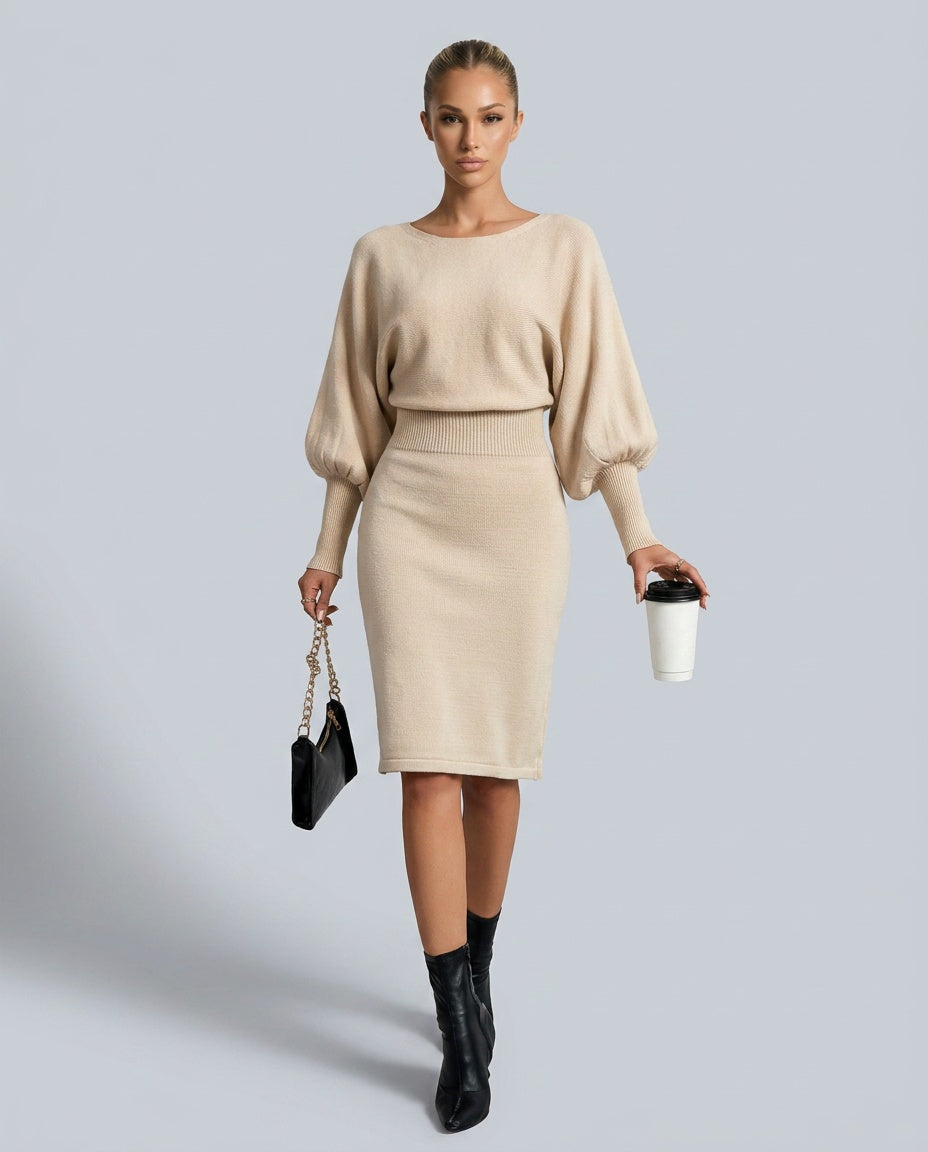 Elisabeth - Balloon Sleeve Knit Midi Sweater Dress